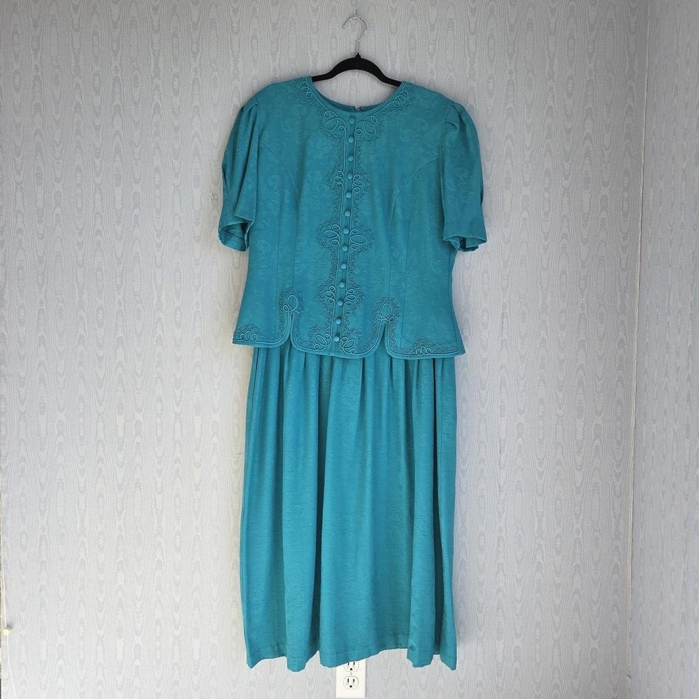 Vintage 90s Karin Stevens XL Dress Brocade Puff Sleeve Midi Teal Turquoise